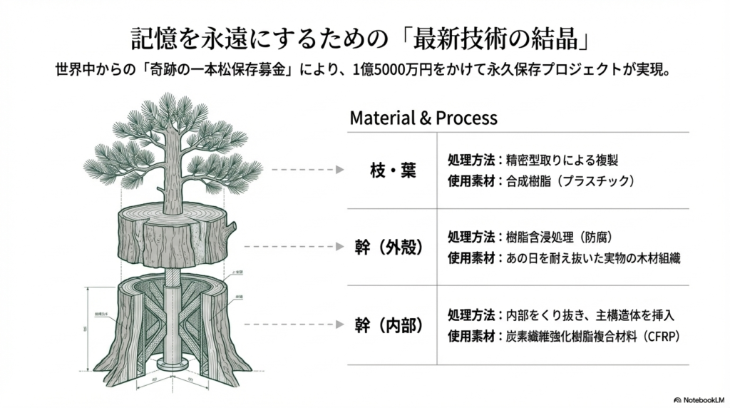 一本松の保存工程の図解。枝葉は合成樹脂の複製、幹の外殻は実物の木材組織に防腐処理、内部にはカーボンファイバー(CFRP)の主構造体を挿入している様子を説明。
