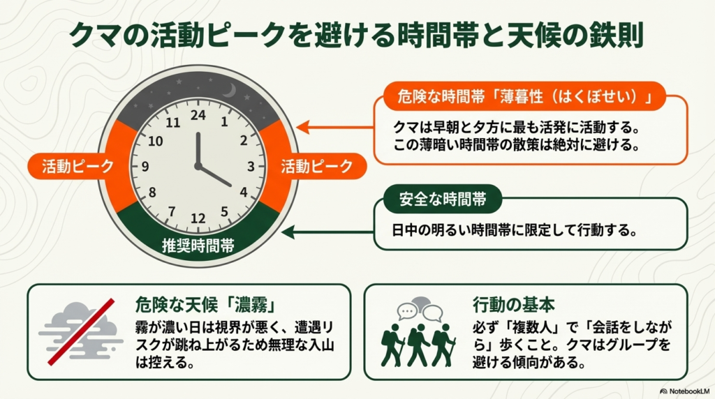 熊が活発な早朝・夕方の「薄暮性」や濃霧時のリスク、複数人での行動の重要性を解説する図。
