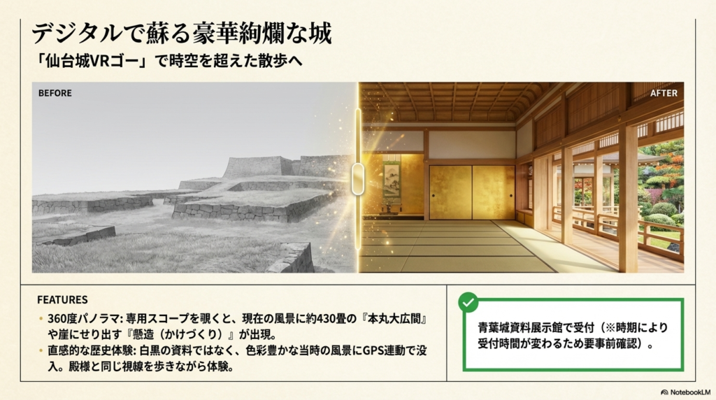 VRで復元された豪華絢爛な本丸大広間のBefore/Afterと、体験の特徴を紹介する画像。