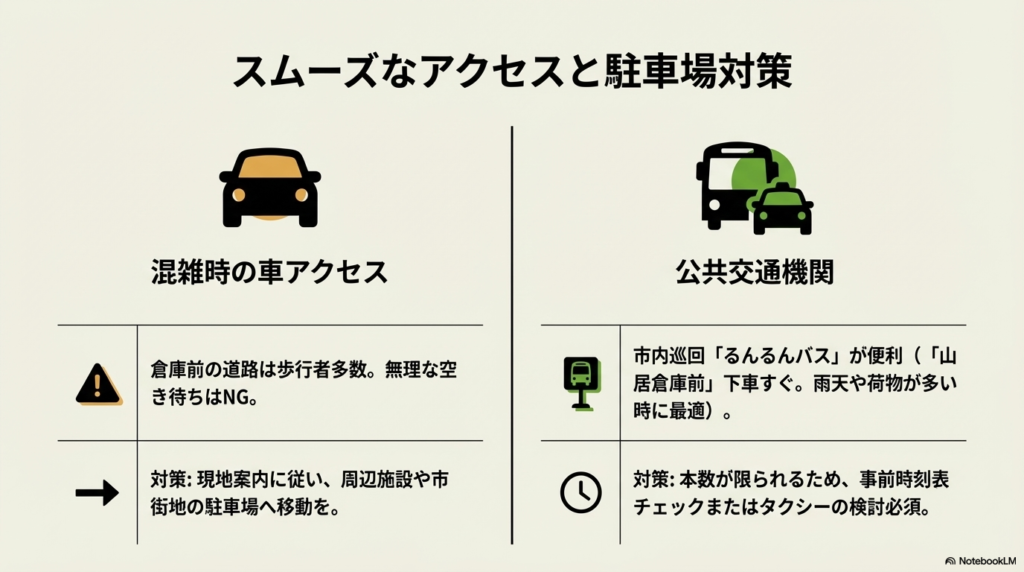 車でのアクセス時に周辺駐車場を利用する際の注意点と、市内巡回「るんるんバス」の活用方法を説明するスライド。