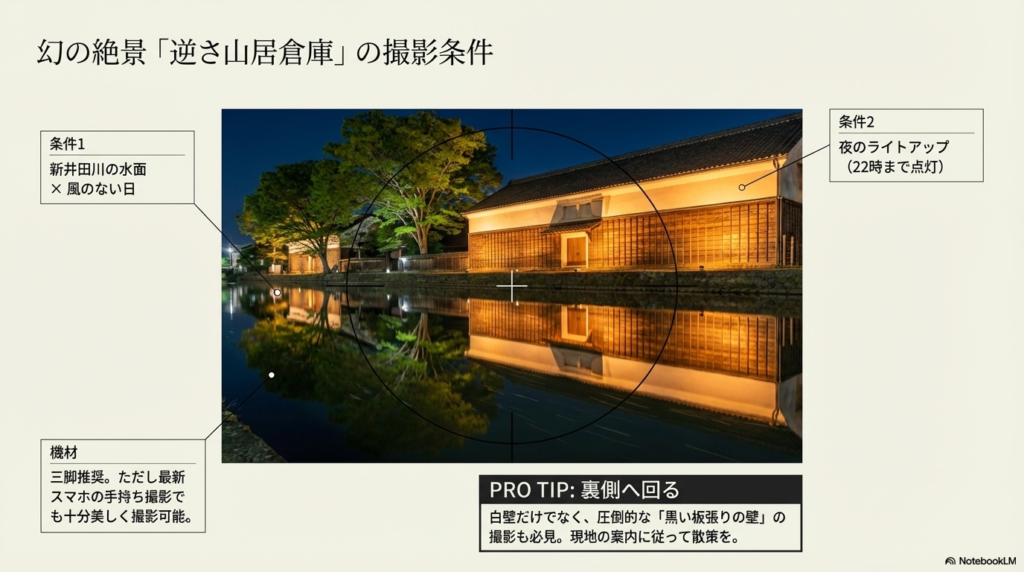 新井田川の水面に映る夜の山居倉庫の写真。風のない日や三脚使用などの撮影条件と、裏側の黒い板壁の魅力について解説。