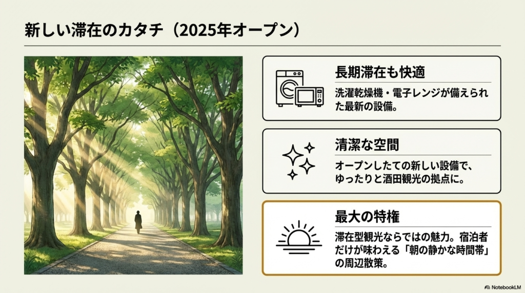 2025年にオープンした宿泊施設の設備(洗濯乾燥機・レンジ)や、宿泊者限定の「朝の静かな時間帯」の散策メリットを紹介するスライド。