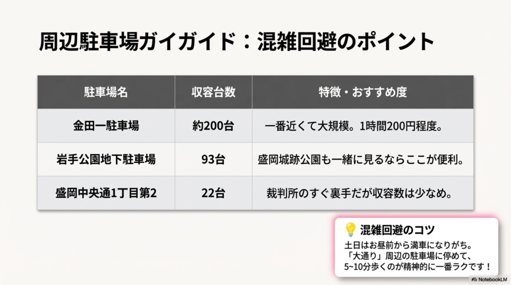 金田一駐車場や岩手公園地下駐車場などの収容台数・特徴をまとめた表。土日の混雑を避け、大通り周辺から歩くことを勧めるアドバイス。