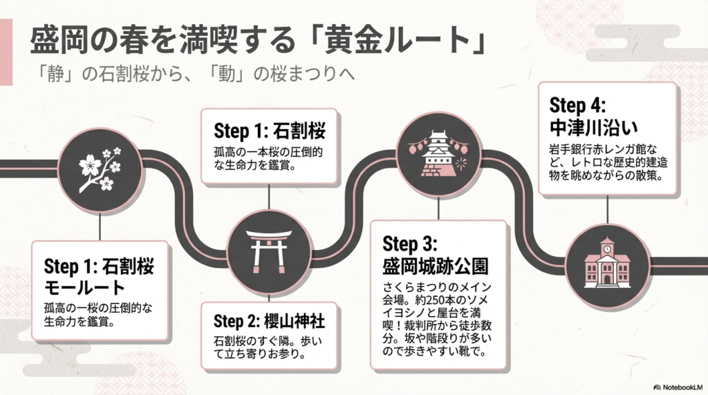 石割桜から櫻山神社、盛岡城跡公園、中津川沿いへと続く、歴史と桜を巡る4つのステップを紹介する散策ガイド。