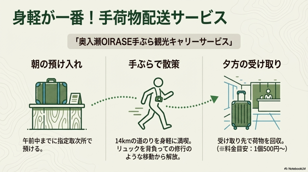荷物配送の流れを示すイラスト。午前中に預け、14kmを身軽に歩き、夕方に受け取るシステムと、料金目安（500円〜）の説明。