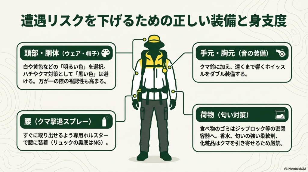 明るい色の服、鈴とホイッスルのダブル装備、スプレーの携行、匂い対策(ゴミ密閉)のまとめ。