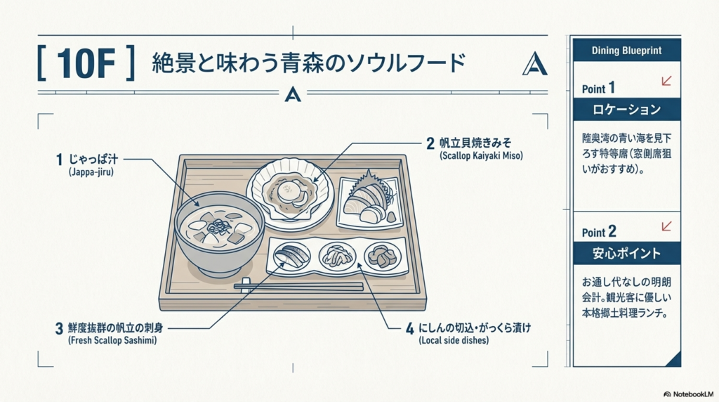 10階「西むら」の郷土料理ランチのイラスト。じゃっぱ汁、帆立貝焼きみそ、帆立の刺身などのメニュー構成と、窓側席の眺望の良さをポイントとして紹介。