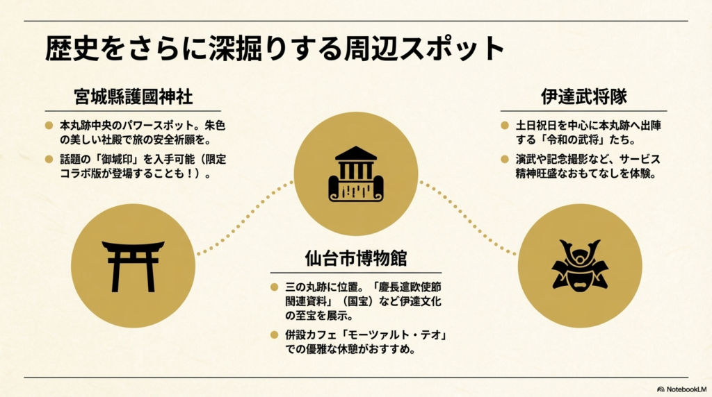 宮城縣護國神社、伊達武将隊、仙台市博物館の見どころをまとめた画像。