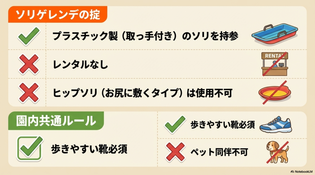 ソリの持参必須、レンタルなし、ヒップソリ不可、ペット同伴不可、歩きやすい靴必須の5つのルールをアイコンで解説。