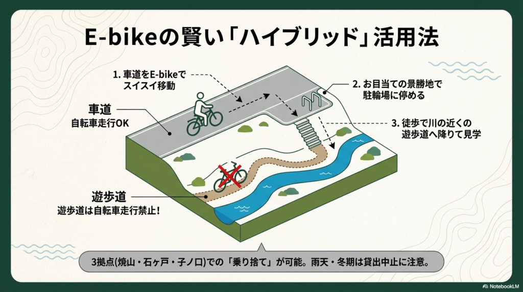 車道は自転車で移動し、駐輪場に停めてから徒歩で遊歩道へ降りるという利用方法の図解。遊歩道内は自転車走行禁止であることや、3拠点での乗り捨て可能というルールが記載されている。 