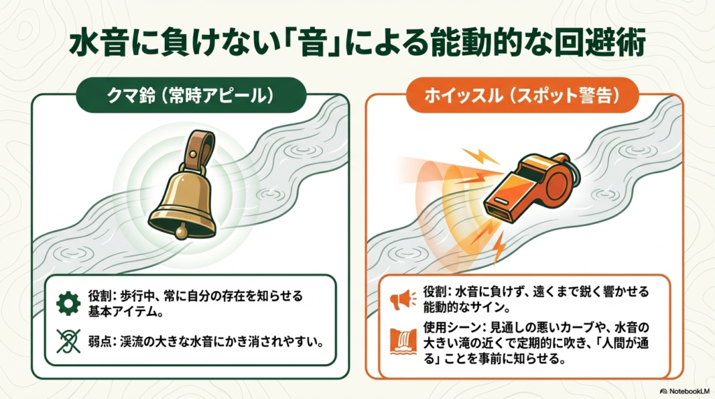 鈴の弱点をホイッスルで補い、見通しの悪い場所や滝の近くで音を出す「スポット警告」の説明。