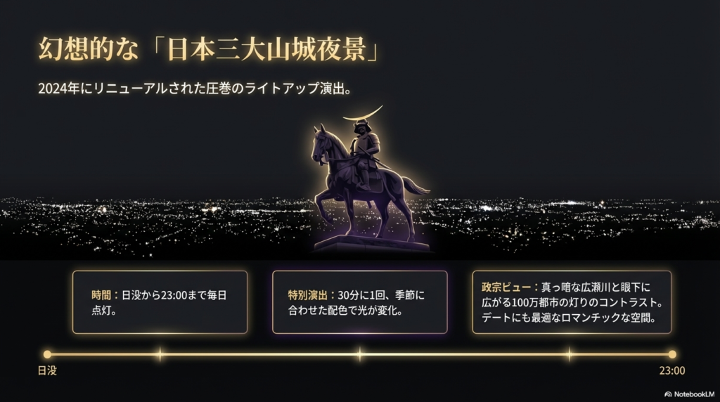 2024年リニューアルのライトアップ時間や演出、夜景の魅力を紹介する画像。