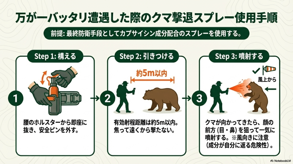 スプレーを腰に装着し、5m以内に引きつけてから顔(目・鼻)を狙って噴射する手順の図解。