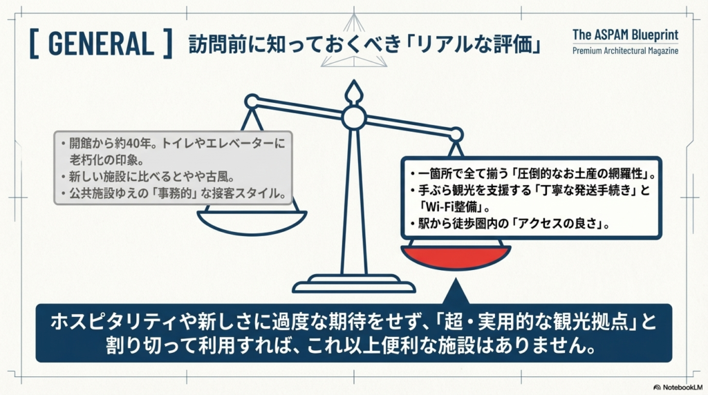 施設の「老朽化・事務的な接客」というマイナス面と、「お土産の網羅性・アクセスの良さ」というプラス面を天秤にかけた図解。実用的な拠点としての価値を評価。