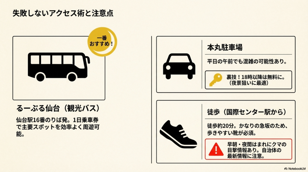 駐車場、るーぷる仙台、徒歩ルートのコツと、クマ出没への注意喚起をまとめた画像。