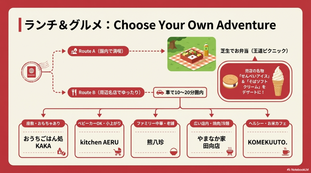 園内でお弁当を食べる「ルートA」と、周辺の名店(KAKA、AERU、熊八珍、やまなか家、KOMEKUUTO.)を巡る「ルートB」の提案。