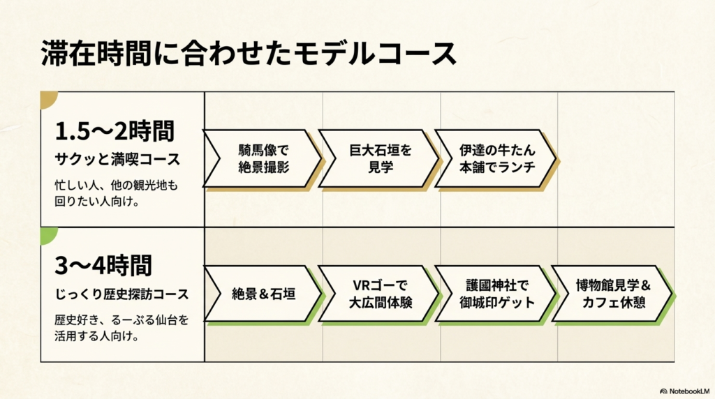 「1.5〜2時間コース」と「3〜4時間コース」の具体的な行程を比較した表。